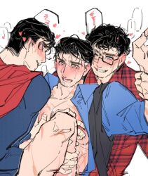 batman bottomless bruce_wayne clark_kent clone dc dc_comics duplicated_character gay holding_partner legs_held_open male/male male/male/male pereg1ne sandwiched shirt_open submissive_male suit superman threesome yaoi