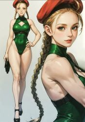 2023 ai_generated artist_request beret blonde_hair cammy_white capcom female green_eyes hand_on_hip high_heels leotard long_braids medium_breasts smile standing street_fighter twin_braids unknown_artist