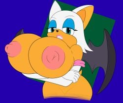 2023 alternate_breast_size anthro arm_gloves arms_crossed_under_breasts bat_ears bat_wings breasts_bigger_than_head dingusdongus18 furry gloves_only green_eyes huge_breasts large_breasts large_nipples lipstick nude nude_female pink_lipstick puffy_nipples rouge_the_bat sega sonic_(series)