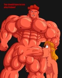 2boys abs black_background blonde_hair blowjob bully chest cock dick domination gay hercules_(character) hercules_(disney) huge_penis imafrnin male male/male male_only muscle pecs penis penis_in_mouth size_difference yaoi