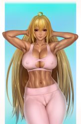 1girls abs absurd_res absurdres armpits arms_behind_head arms_up blonde_hair breasts cameltoe cleavage dark-skinned_female dark_skin erect_nipples erect_nipples_under_clothes hi_res high_resolution highres limgae looking_at_viewer muscular_female navel nipples red_hair shikishima_mirei smile sports_bra sportswear valkyrie_drive very_high_resolution