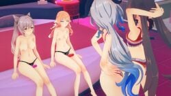 4girls female female_only ganyu_(genshin_impact) genshin_impact hands_behind_head hu_tao_(genshin_impact) keqing_(genshin_impact) koikatsu kud_dk lesbian_orgy lesbian_pride_bikini lesbian_pride_colors multiple_girls strap-on thick_thighs thighs yanfei_(genshin_impact) yuri