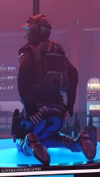 backview black_clothing blue_eyes clothed ela_(rainbow_six) green_hair hat kjthegrimreaper latex_leggings leggings rainbow_six_siege shiny_clothes solo strip_club stripper_pole tactical_gear