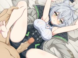 animal_ears arm_up armpits bare_legs barefoot blush breasts cat_ears cat_girl chest_jewel clothed_sex clothing_cutout core_crystal core_crystal_(xenoblade) diamond_cutout erection feet female high-waist_shorts highres imminent_penetration imminent_vaginal large_breasts legs looking_at_viewer lying messy_hair na'el_(xenoblade) penis romper short_hair short_shorts shorts soles solo_focus straight thighs toenails toes xenoblade_chronicles_(series) xenoblade_chronicles_3 xenoblade_chronicles_3:_future_redeemed yaomai yellow_eyes