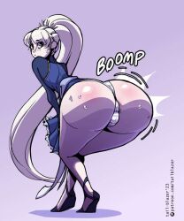 1girls 2023 ass ass_focus ass_jiggle braid braided_hair braided_ponytail butt_jiggle curvy female female_focus female_only heels high_heels huge_ass large_ass long_hair purple_background purple_eyes rooster_teeth rwby tail-blazer thick thick_ass thick_thighs thighs wedge_(footwear) wedge_heels weiss_schnee white_hair