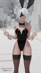 3d blender blindfold bunny_ears bunny_girl bunnysuit desess3intes female female_only latex looking_at_viewer nier nier:_automata peace_sign solo stockings white_hair yorha_2b