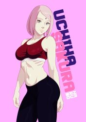 1girls adapted_costume anddeath ass bare_arms bare_midriff bare_shoulders big_ass boruto:_naruto_next_generations character_name curvaceous curvy curvy_body curvy_figure female female_only fully_clothed green_eyes long_hair looking_at_viewer mature mature_female midriff milf naruto naruto_(series) petite pink_background pink_hair pinup plain_background sakura_haruno shoulder_length_hair simple_background solo solo_female solo_focus tank_top text tight_clothing tight_pants workout_clothes yoga_pants