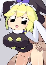 black_eyes black_headwear black_vest blonde_hair blush bottomless bow braid breasts clothed_sex commentary cookie_(touhou) cowboy_shot female grey_background hairbow hat hat_bow hospital_king kirisame_marisa large_breasts leaning_forward medium_bangs open_mouth purple_bow sex sex_from_behind shirt short_hair side_braid simple_background single_braid sleeves_past_fingers sleeves_past_wrists solo_focus standing standing_sex straight textless_version touhou vest white_shirt witch_hat yuuhi_(cookie)