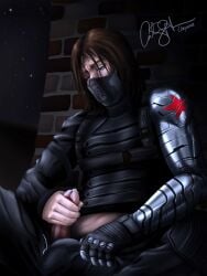 bucky_barnes chiyume long_hair looking_down male male_focus male_only marvel marvel_cinematic_universe masked_male masturbating masturbation outdoors outside prosthetic_arm semi_public solo_male winter_soldier