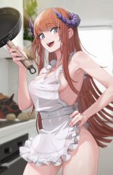 1girls 2023 apron arknights bagpipe_(arknights) bare_arms bare_legs bare_shoulders bare_thighs frying_pan ginger_hair hi_res holding_object horns light-skinned_female light_skin long_hair looking_at_viewer mildt naked_female open_mouth purple_eyes sideboob smile solo standing