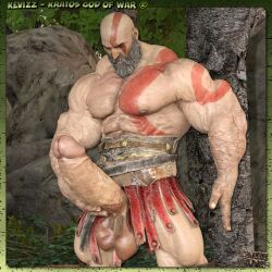 3d bald bald_man bara beard big_penis boner erect_penis erection erection_under_clothes erection_under_skirt facial_hair forest god_of_war kevizz kratos leaning_on_tree looking_at_penis male male_only monster_cock muscles muscular_arms muscular_male outdoors partially_clothed skirt solo solo_focus solo_male spartan tatoos veiny_penis warrior