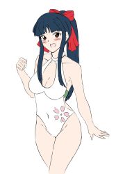 1girls artist_request big_breasts blue_hair blush breasts brown_eyes busty cleavage covered_navel female female_only hair_ribbon large_breasts legs long_hair one-piece_swimsuit open_mouth ponytail ribbon sakura_shinguji sakura_taisen sakura_wars sega smile solo swimsuit thighs voluptuous