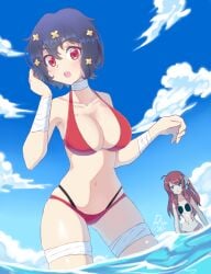 2girls beach big_breasts bikini blue_jacket breasts busty cleavage female female_only jacket large_breasts long_hair looking_at_viewer mizuno_ai multiple_girls navel pink_hair purple_hair red_eyes short_hair small_breasts swimsuit thong_bikini untied untied_bikini voluptuous water zombie_land_saga