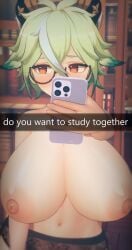 1girls areolae big_breasts blush breasts cellphone female filter genshin_impact gigantic_breasts glasses green_hair huge_breasts iphone koikatsu large_breasts massive_breasts navel nipples orange_eyes phone sucrose_(genshin_impact) tsitsky!