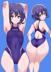 1girls armpits arms_behind_head ass big_ass breasts covered_navel female female_only legs looking_at_viewer looking_back mizuno_ai multiple_views open_mouth pose posing purple_hair red_eyes sexy_armpits short_hair small_breasts smile solo thighs zombie_land_saga