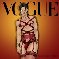 black_hair blue_eyes crossdressing dc dc_comics gold_jewelry lingerie magazine_cover male male_focus male_in_lingerie male_only manbun meaninglessblah modeling no_visible_genitalia red_lingerie red_robin seductive seductive_look skinny solo_male tim_drake