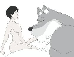 absurd_res animated anthro canid canine canis domestic_dog duo female hi_res human human_on_anthro husky indrid_cold_(artist) interspecies larger_female male male/female mammal muscular muscular_female nordic_sled_dog oral size_difference smaller_male spitz