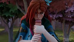 1boy 1girls 3d big_penis blowjob blowjob_face clothed_female_nude_male desess3intes dota_2 fellatio green_eyes handjob looking_at_viewer pov red_hair red_hair sucking_penis windranger