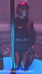 black_clothing blue_eyes clothed ela_(rainbow_six) front_view green_hair hat kjthegrimreaper latex_leggings leggings rainbow_six_siege shiny_clothes solo strip_club stripper_pole tactical_gear