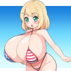 american_flag american_flag_bikini barely_clothed barely_contained bikini blonde_hair blush breasts_bigger_than_head green_eyes hourglass_figure huge_breasts shirogane_hakuba shortstack skindentation slim_waist solo thick_thighs tight_clothing too_small_clothes wide_hips