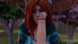 1boy 1girls 3d after_fellatio big_penis blowjob blowjob_face clothed_female_nude_male cum cum_in_mouth cum_on_face desess3intes dota_2 fellatio green_eyes looking_at_viewer pov red_hair red_hair windranger