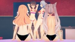 4girls ass_focus female female_only ganyu_(genshin_impact) genshin_impact hands_behind_head hu_tao_(genshin_impact) keqing_(genshin_impact) koikatsu kud_dk lesbian_orgy lesbian_pride_bikini lesbian_pride_colors multiple_girls strap-on thick_thighs thighs yanfei_(genshin_impact) yuri