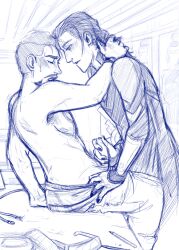 aquafolie closed_eyes dominant_male foreheads_touching gay gay_domination handjob iron_cross jerkingoff_another leaning_back leaning_forward loki_(marvel) male male/male male_only marvel open_mouth shirtless submissive_male tony_stark yaoi