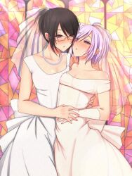 2boys black_hair blush bridal_veil bride brown_eyes bulge bulge_through_clothing church dark_hair femboy glasses gloves holding_hands momoyama_minto necklace otoko_no_ko otokonoko pearl_necklace pink_eyes purple_hair short_hair size_difference stained_glass trap trap_on_trap veil wedding wedding_dress wedding_veil yaoi