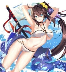 absurdres armpits arms_behind_head arms_up bare_arms bare_shoulders bikini black_choker blue_eyes breasts brown_hair choker counter:side female flower gluteal_fold hair_flower hair_ornament halterneck highres long_hair looking_at_viewer medium_breasts nanahara_chifuyu navel o-ring o-ring_bikini parted_lips ponytail sarong sfw sheath side_ponytail skindentation solo stomach string_bikini swimsuit thighs twomoon very_long_hair wet white_bikini