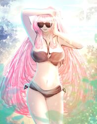 1girls beach bikini blush exosister_martha exosisters large_breasts long_hair pink_hair sunglasses tinted_eyewear yu-gi-oh!