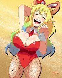 1girls big_breasts blonde blonde_female blonde_hair breasts bunny_ears bunny_girl bunnysuit cleavage collar dalley_le_alpha dragon eyes_closed female female_only fishnets horn horns lucoa miss_kobayashi's_dragon_maid multicolored_hair playboy_bunny quetzalcoatl_(dragon_maid) smile smiling thick_thighs thighs