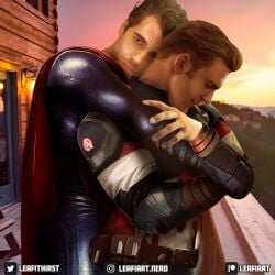 actor captain_america caucasian caucasian_male celebrity chris_evans clark_kent clothed crossover dc dc_extended_universe embrace embracing gay henry_cavill in_character kal-el leafithirst looking_at_viewer male male_only marvel muscles muscular muscular_male steve_rogers superhero superman