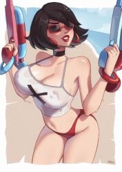 beach big_breasts bikini black_choker black_hair braless breasts cleavage evie_(fortnite) fortnite fortnite:_battle_royale magaska19 red_bikini red_lipstick see-through_clothing sunglasses thick_ass thick_thighs tinted_eyewear watergun wet_clothes