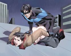 ahe_gao anal anal_sex arms_held_back batcest bottomless crying dc dc_comics dick_grayson gay head_down_ass_up jason_todd male male/male male_only male_penetrated male_penetrating male_penetrating_male nightwing outside outside_sex pinned_down rain raining red_hood_(dc) rooftop rooftop_sex sarriathmg tongue_out yaoi