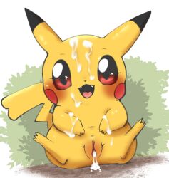 1girls big_eyes blush bodily_fluids cheek_spots clitoris cum cum_drip cum_on_arm cum_on_body cum_on_face doneru dripping fangs female feral generation_1_pokemon genital_fluids genitals leaking_cum leaking_pussy legs_apart looking_at_viewer nintendo pikachu pokemon pokemon_(species) pussy shrub simple_background sitting smile solo solo_female tail teeth white_background yellow_body