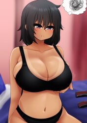 1girls big_breasts bikini black_hair bra cleavage dark-skinned_female himiko_(the_only_shoe) holding_breast no_clothing oc original pout short_hair suntan tan_body text_bubble the_only_shoe thick_thighs tomboy