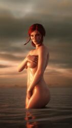 1girls 3d areolae breasts cd_projekt_red covering_breasts covering_crotch female female_focus female_only green_eyes light-skinned_female light_skin looking_at_viewer naked naked_female nipples nude nude_female outdoors red_hair the_witcher_(series) the_witcher_3:_wild_hunt thiccboysteven triss_merigold wet wet_body wet_skin