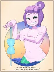 bdrd bdrd_(artist) big_breasts blue_eyes blush cala_maria cuphead_(game) exposed_breasts flirting large_breasts purple_skin teasing