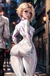 ai_generated big_ass blonde_hair blue_eyes curvy female female_only fit fit_female gwen_stacy huge_ass large_ass marvel marvel_cinematic_universe marvel_comics medium_breasts outdoors solo solo_female spider-gwen spider-man:_across_the_spider-verse spider-man:_into_the_spider-verse spider-man_(series) superheroine supr3metr