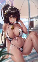 1girls beach black_hair blue_archive breasts brown_skin chisi cleavage cow_print cow_print_bikini dark-skinned_female dark_skin female halo hi_res huge_breasts karin_(blue_archive) long_hair outdoors slim_waist thick_thighs wide_hips yellow_eyes