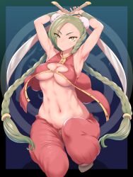 armpits arms_up braid breasts cleavage cleavage_cutout clothing_cutout double_bun female green_hair hair_bun hair_over_one_eye highres holding holding_weapon kous_(onetwojustice) large_breasts live_a_live long_hair looking_at_viewer medium_breasts navel rin_(live_a_live) solo twin_braids underboob very_long_hair weapon yellow_eyes