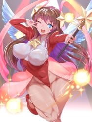 armpits blue_eyes brown_hair covered_erect_nipples female groin hair_ribbon heaven_dancer highres holding holding_wand kous_(onetwojustice) leotard long_hair looking_at_viewer one_eye_closed open_mouth red_footwear red_ribbon ribbon saga saga_frontier shoes solo star_(symbol) teeth upper_teeth_only very_long_hair wand white_wings wings