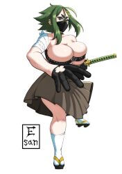 1girls artist_logo bandage big_breasts breast_press earrings esan02b female female_only geta gloves green_eyebrows green_eyes green_hair hairclip hakama japanese_clothes katana looking_at_viewer mask midori_(rizdraws) mouth_mask sandals skirt socks solo topwear white_background