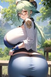 1girls ai_generated ass big_ass big_breasts blush breasts chu_lian_sama fat_ass female female_only genshin_impact giant_ass giant_breasts gigantic_ass gigantic_breasts glasses green_hair huge_ass huge_breasts hyper_breasts large_ass large_breasts looking_back looking_back_at_viewer massive_ass massive_breasts orange_eyes solo solo_female stable_diffusion sucrose_(genshin_impact) wide_hips