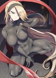 big_breasts black_bodysuit black_hairband blonde_eyebrows blonde_hair blue_eyes bodysuit breasts candle eyebrows_visible_through_hair eyes_visible_through_hair hairband kous_(onetwojustice) kunoichi kunoichi_(live_a_live) live_a_live long_hair navel tagme thick_thighs weapon