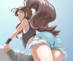 1girls ass bare_shoulders big_ass blue_eyes blue_sky breasts brown_hair cameltoe creatures_(company) day denim denim_shorts fat_ass_teen female from_behind from_below game_freak hair_focus high_ponytail hilda_(pokemon) human kous_(onetwojustice) leaning_forward long_hair looking_at_viewer looking_back medium_breasts nintendo no_headwear outdoors parted_lips pokemon pokemon_(game) pokemon_bw ponytail rear_view short_shorts shorts sky solo tank_top teenager thick_thighs thighs very_long_hair vest wavy_hair wide_hips wristband