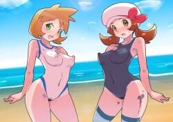 2girls areolae armpits asymmetrical_hair bare_legs blush bodypaint breasts brown_eyes brown_hair completely_nude cowboy_shot female female_only female_pubic_hair game_freak gen_2_pokemon gen_4_pokemon green_eyes gym_leader hat headwear highres hips kasumi_(pokemon) legs lyra_(pokemon) masamu_(leonore69) medium_breasts multiple_girls navel nintendo nipples nude nude_female open_mouth orange_hair painted_clothes pokemon pokemon_(game) pokemon_gsc pokemon_hgss pubic_hair short_hair thick_thighs thighs tied_hair twintails