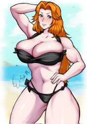 1girls 2023 big_breasts bikini bleach blush esan02b female female_only hand_behind_head hand_on_hip hi_res long_hair looking_at_viewer matsumoto_rangiku mole mole_under_mouth orange_hair smiling smiling_at_viewer solo thick_thighs