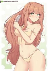 1girls bow bow_panties breasts brush brushing_hair cleavage doki_doki_literature_club female green_eyes hair_brush long_hair monika_(doki_doki_literature_club) panties patreon_logo patreon_url patreon_username raionart thick_thighs thighs