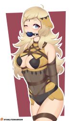 1girls ball_gag black_panties blonde_hair bodystocking bondage breast_harness captured cleavage crotch_rope female female_only femsub fire_emblem fire_emblem_fates gag gagged happy_sub nintendo ophelia_(fire_emblem) panties restrained solo starlitewarrior tied_up underwear